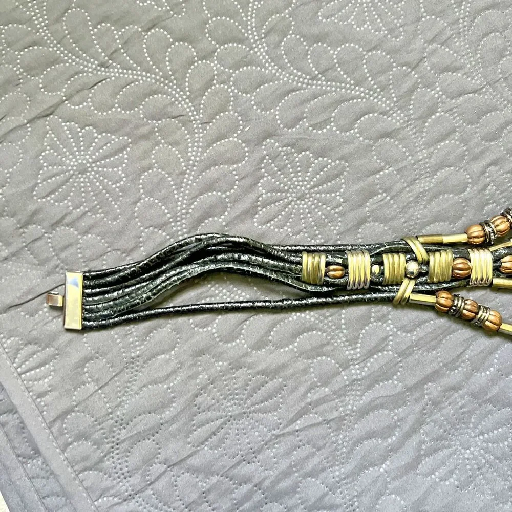 Vintage Boho Multi Strand Leather Belt Bronze Beaded Statement Festival Waist